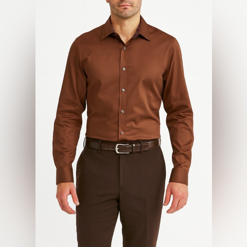 Flex Luxury Collection Italy XL Silky Brown Button Up Dress Shirt NWOT Stretch
